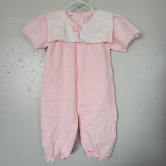 Friemanit Vintage Baby Girl 9 Months Light Pink Knit Outfit Square Collar Bear - Picture 4 of 8